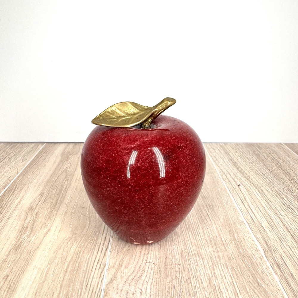 Marble‎ Apple Paperweight Red Stone Brass Leaf Stem Decor 3.5in READ